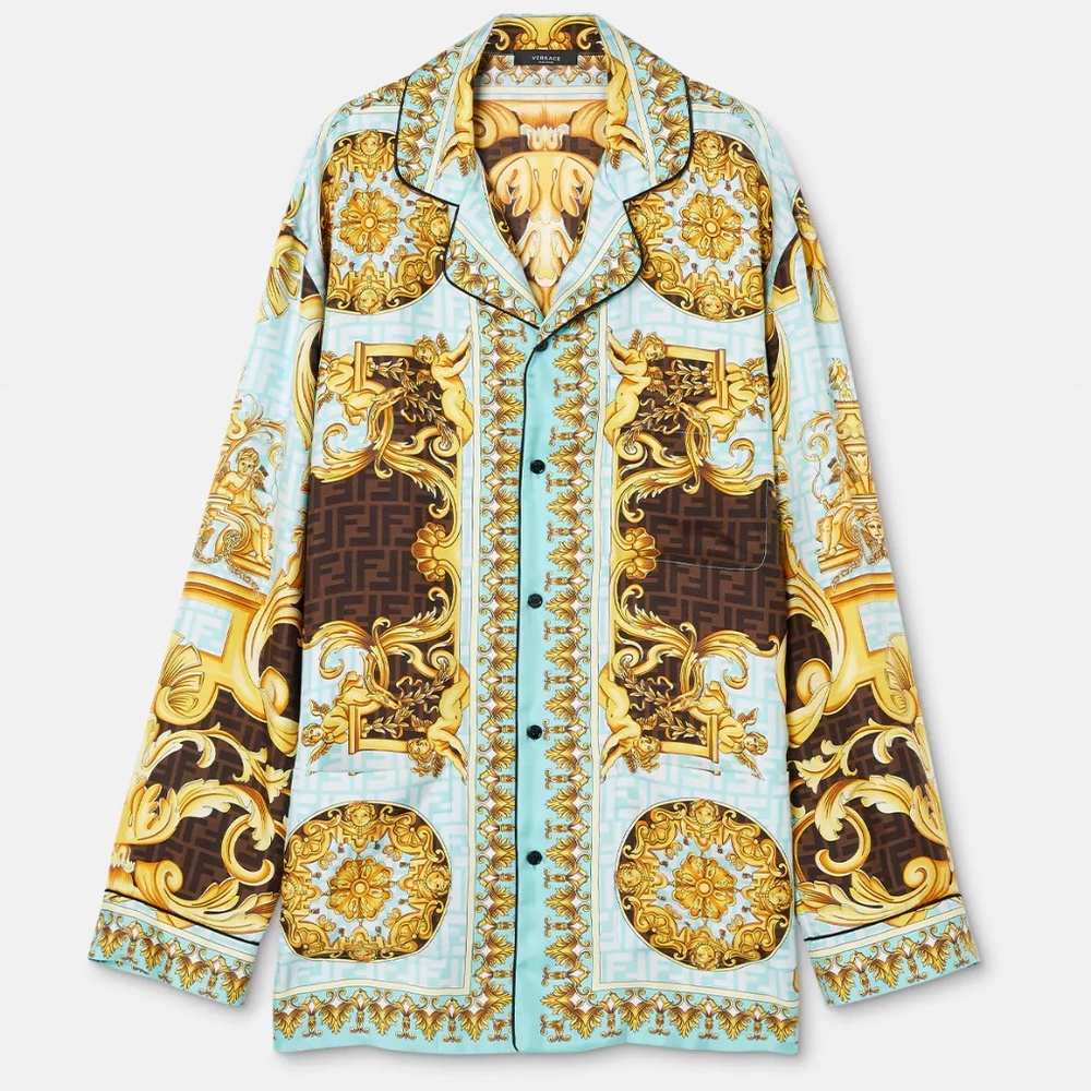 Fendace Men's Gold Baroque Silk Pyjama Top Size 5 (L)